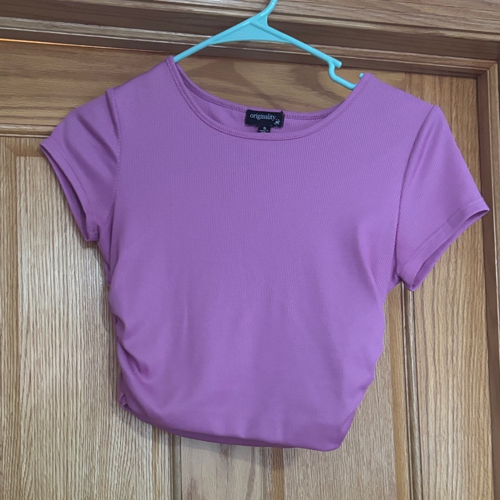 Pink Ribbed Short Sleeve Crop Top